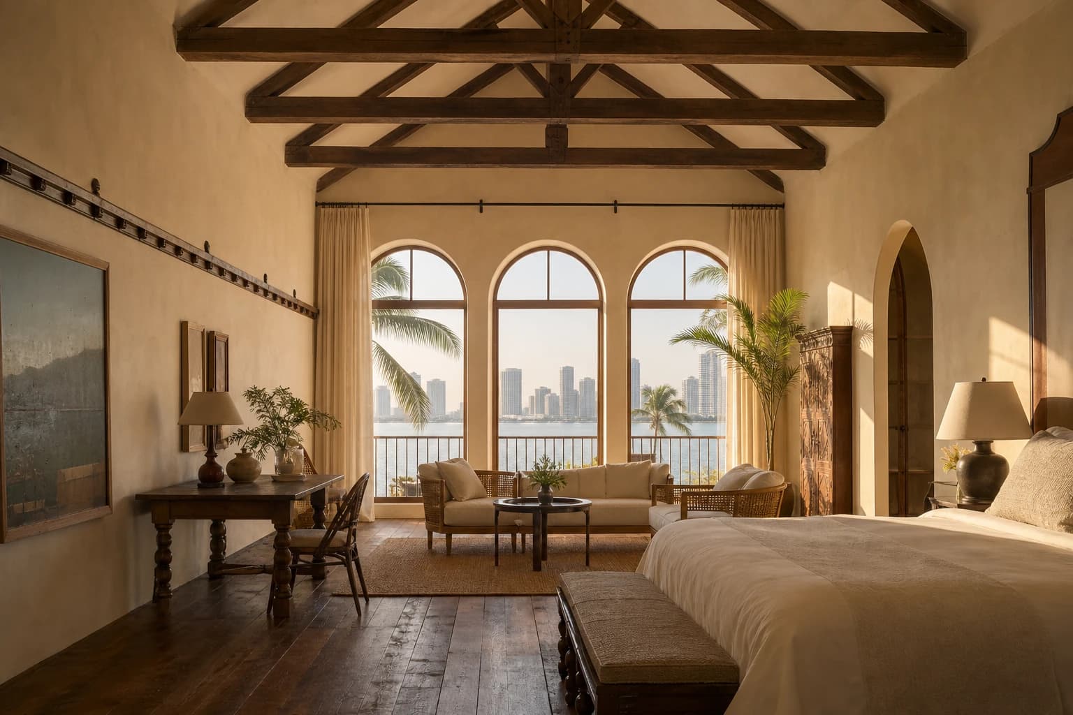 Atelier suite, three bay-facing arched windows with eastern morning light