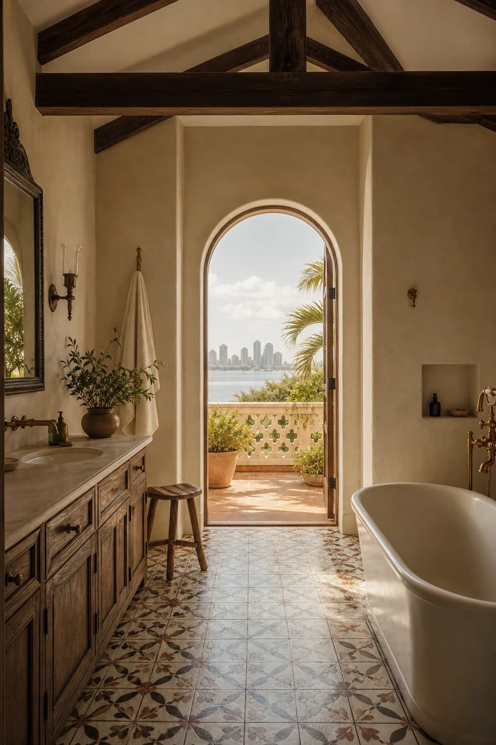 Atelier suite — open-volume bath with shower opening to private terrace