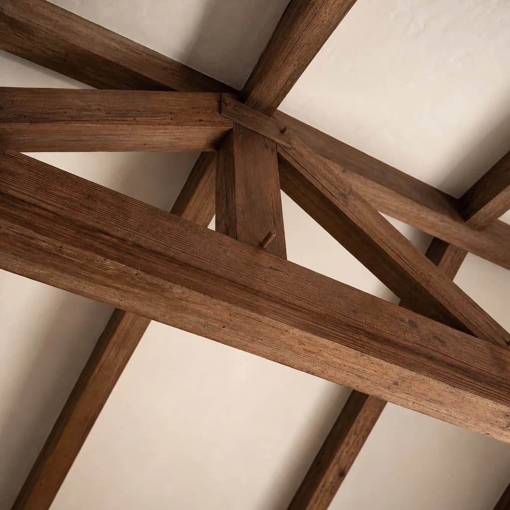 Atelier suite — original 1928 truss work and white plaster ceiling detail
