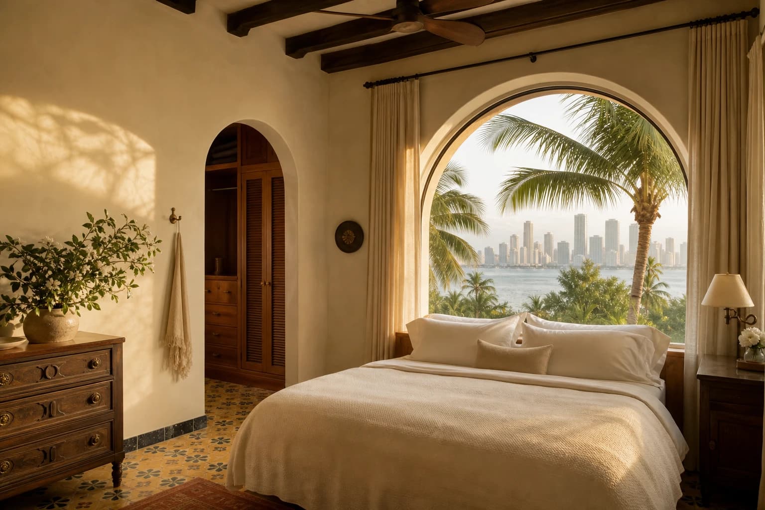 Bay suite, queen bed under largest arched window with palms framing the Miami skyline
