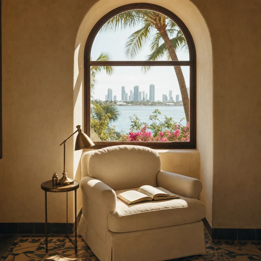 Bay suite — reading nook in deep-set window, brass task lamp