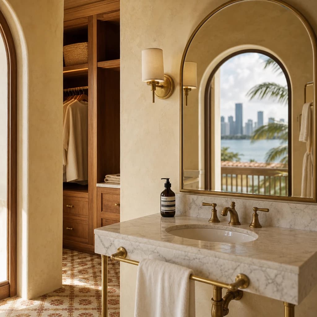 Bay suite — vanity with original brass fittings, Carrara marble counter