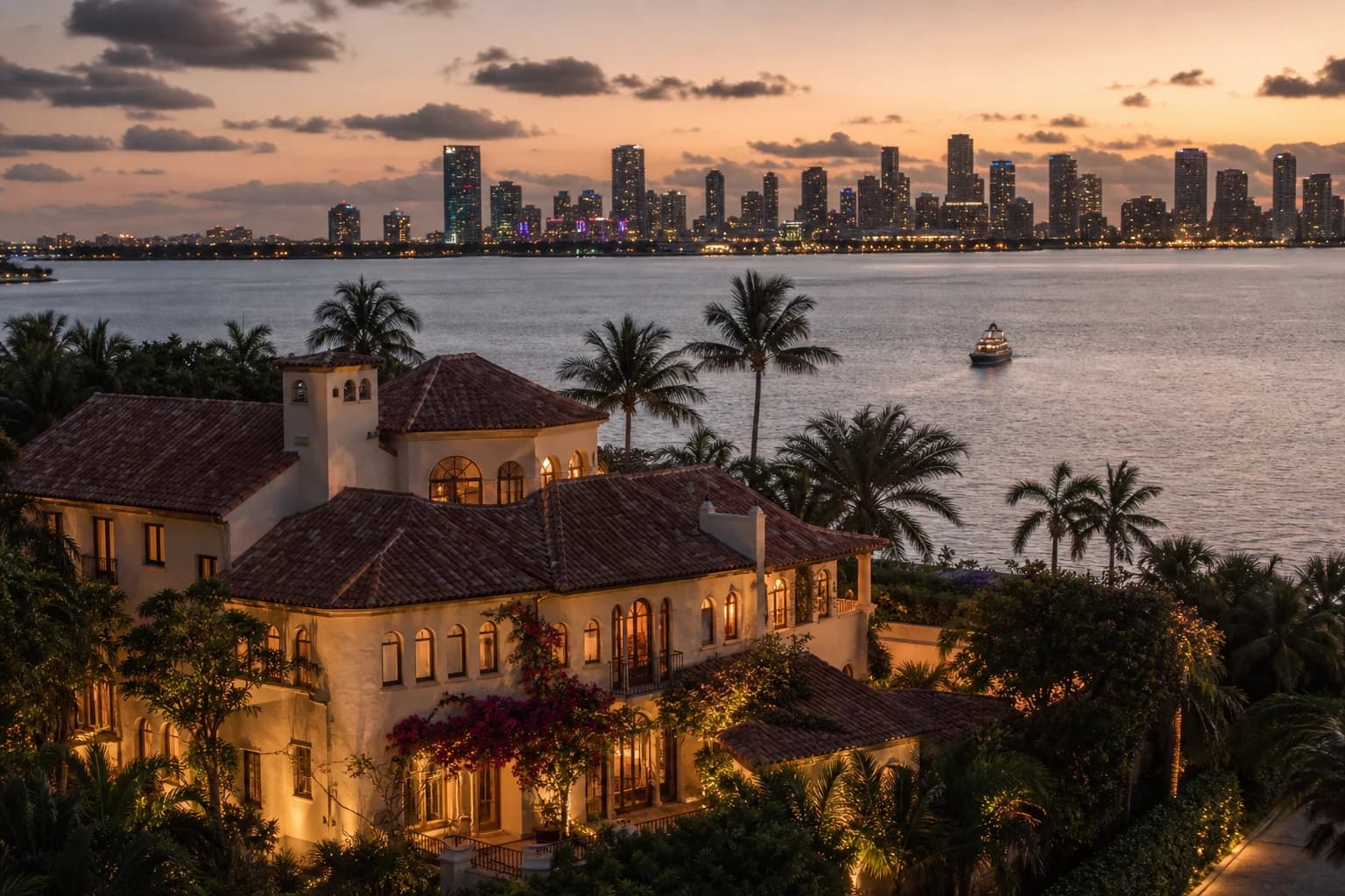 From the photo page: the villa on the bay at dusk.