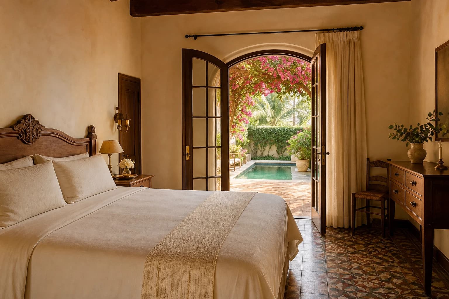 Garden suite, plunge pool from suite door at golden hour