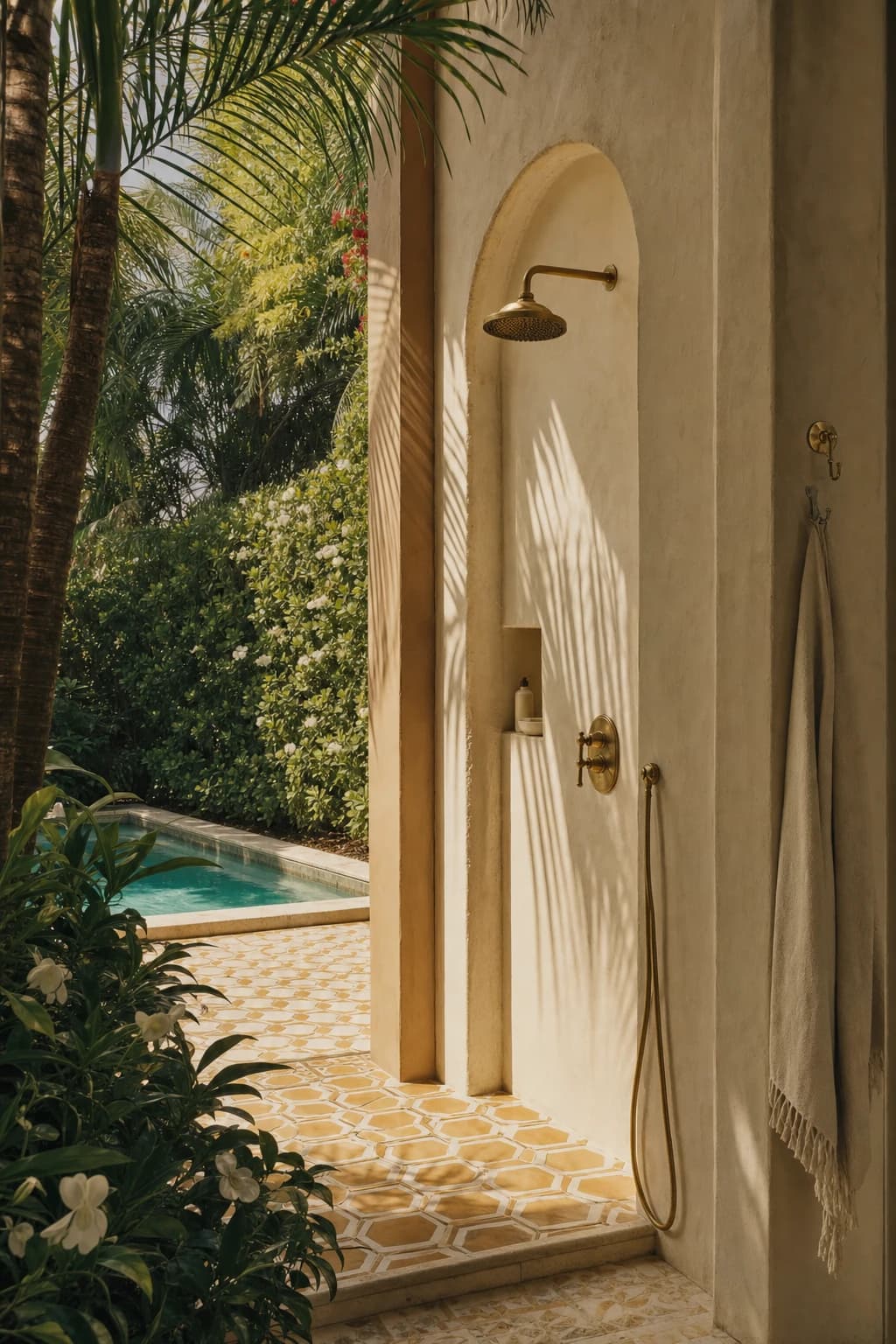 Garden suite — outdoor shower in courtyard, palm-shadow patterning on plaster wall