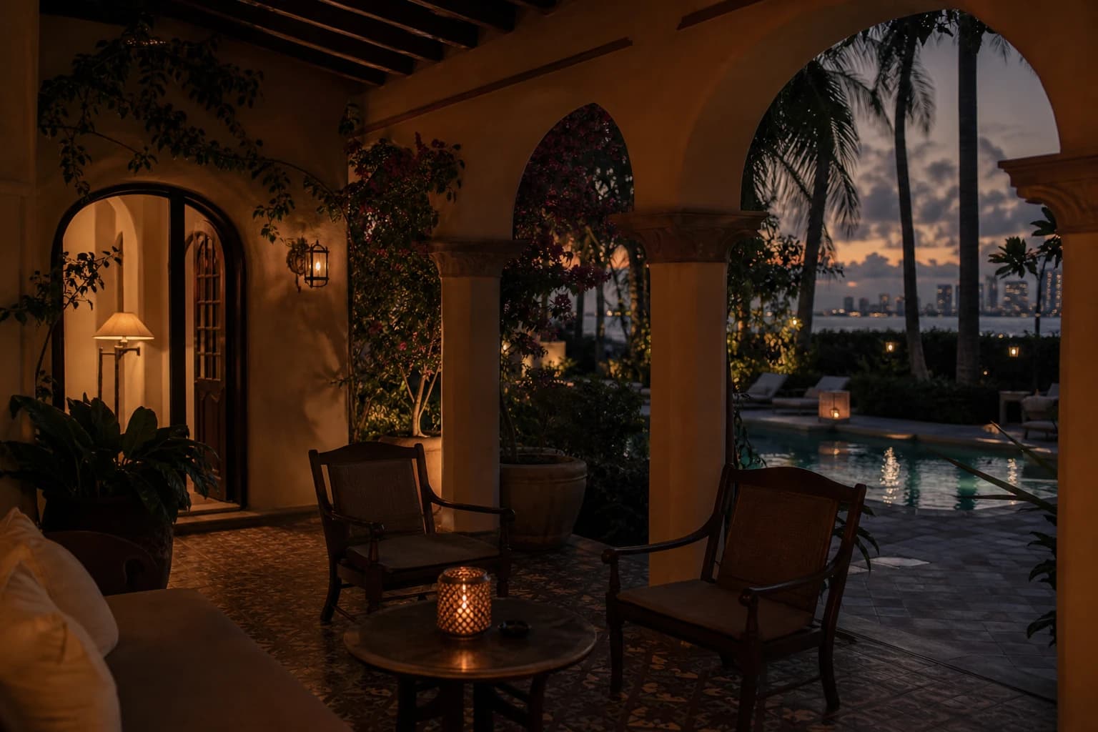 Garden suite — loggia at dusk, dimmed lights, dock lamps in distance across courtyard