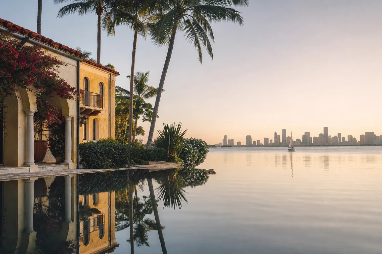 Casa Brickell at 6:47am — bay water glassy, single sailboat in middle distance, palms reflected