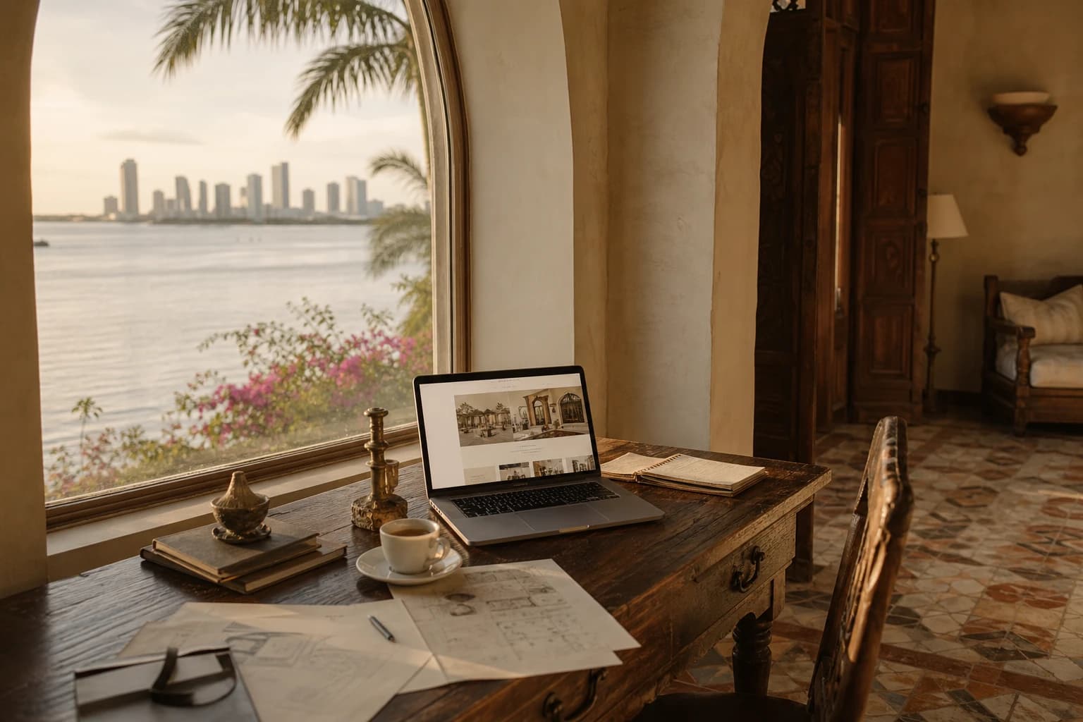 Working desk during the build — laptop with web mockups, espresso cup, view of Biscayne Bay through arched window