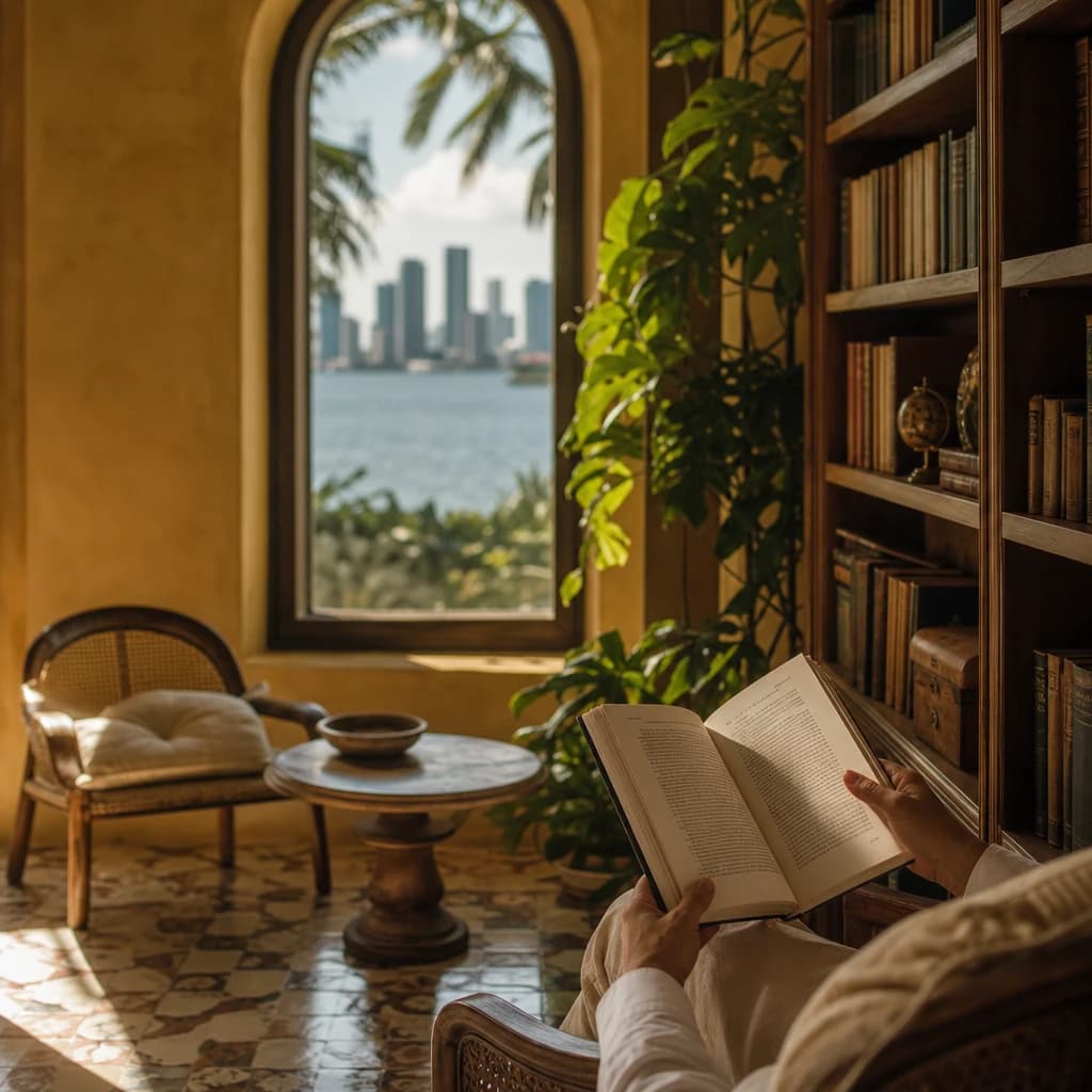 Reading at a single chair in the library nook — only hands and a book visible