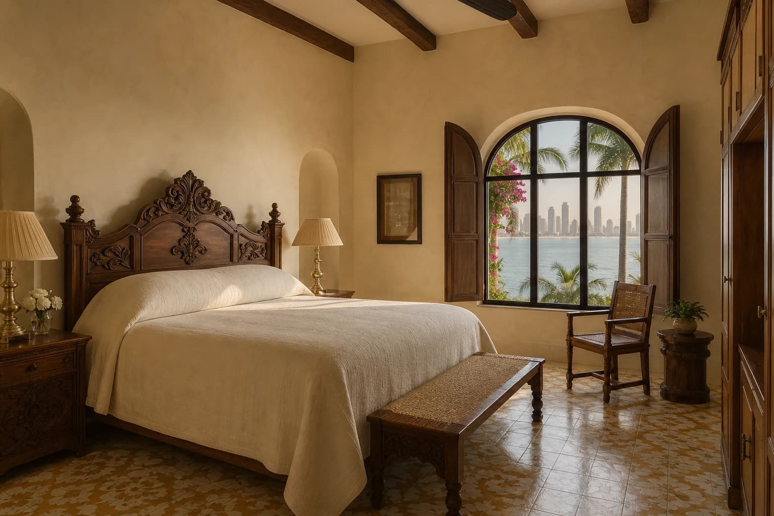 King suite, original 1928 carved cypress headboard, morning bay light