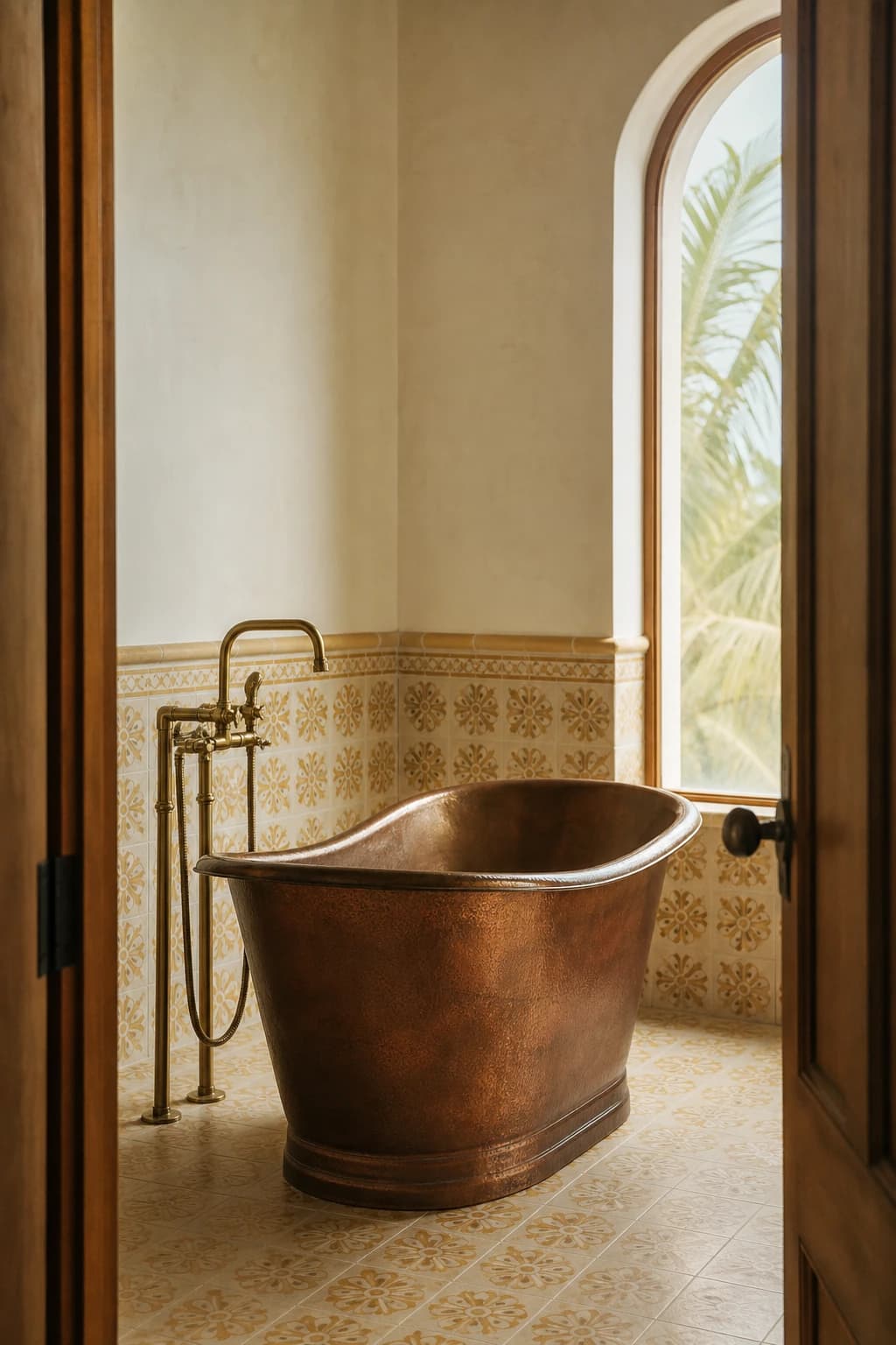 King suite — Cuban tile bath with copper soaking tub, single brass faucet