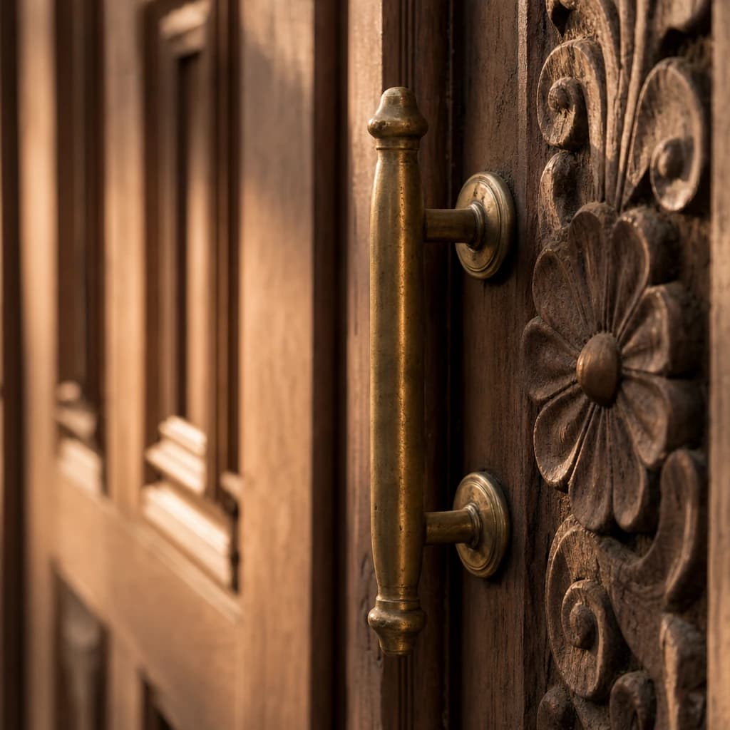 King suite — original brass door pull on carved cypress door, raking late-afternoon light