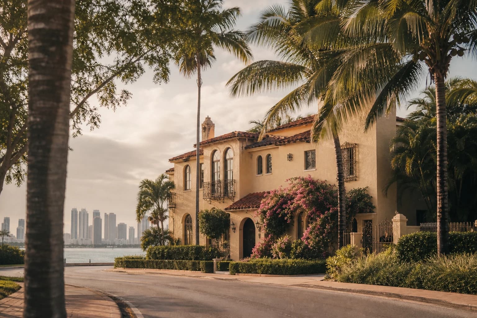 Brickell Bay Drive at street level, Casa Brickell in middle distance, palms