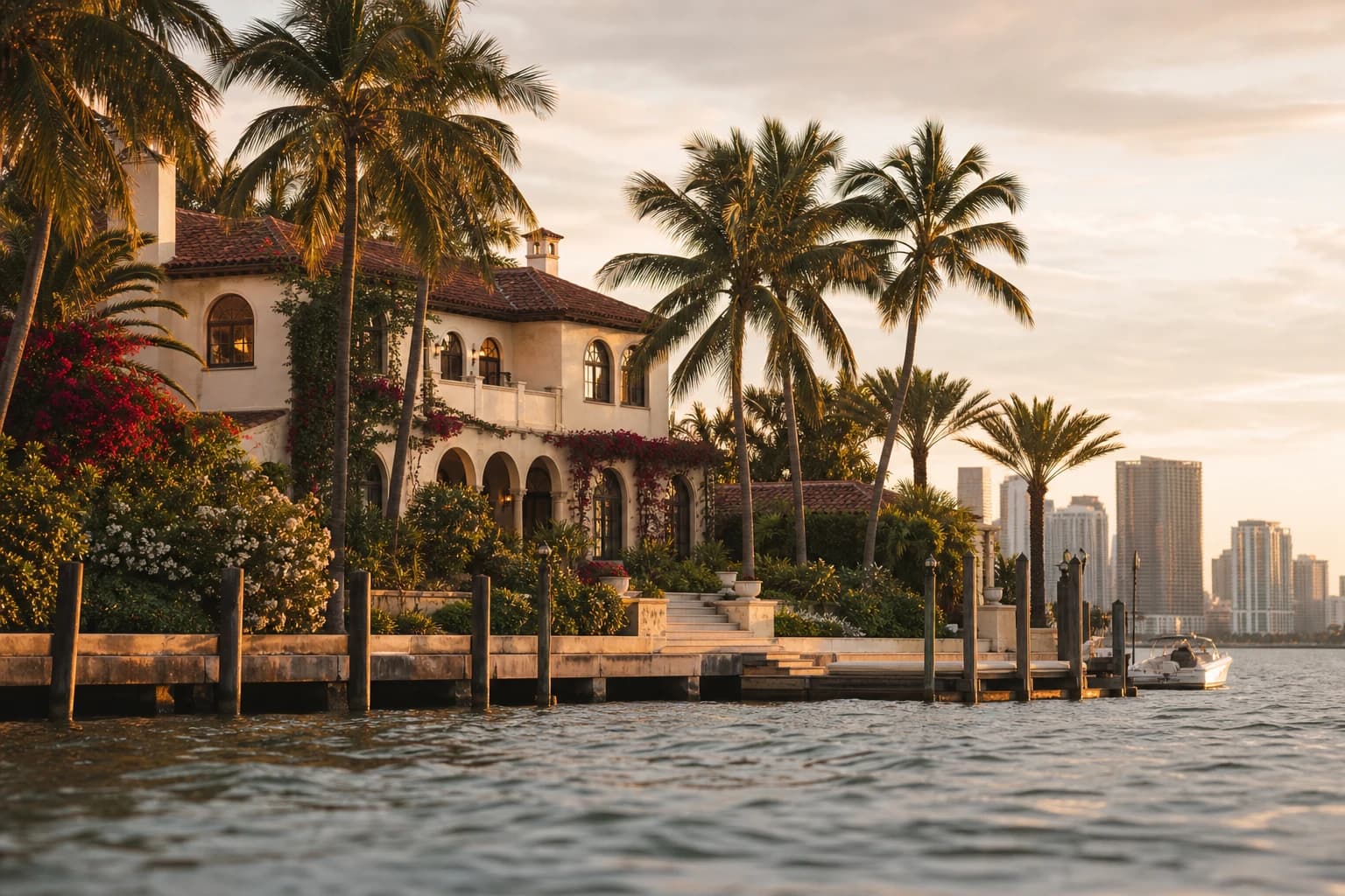 Boat approach — view of Casa Brickell dock from the water, low angle, palms, soft sunset light