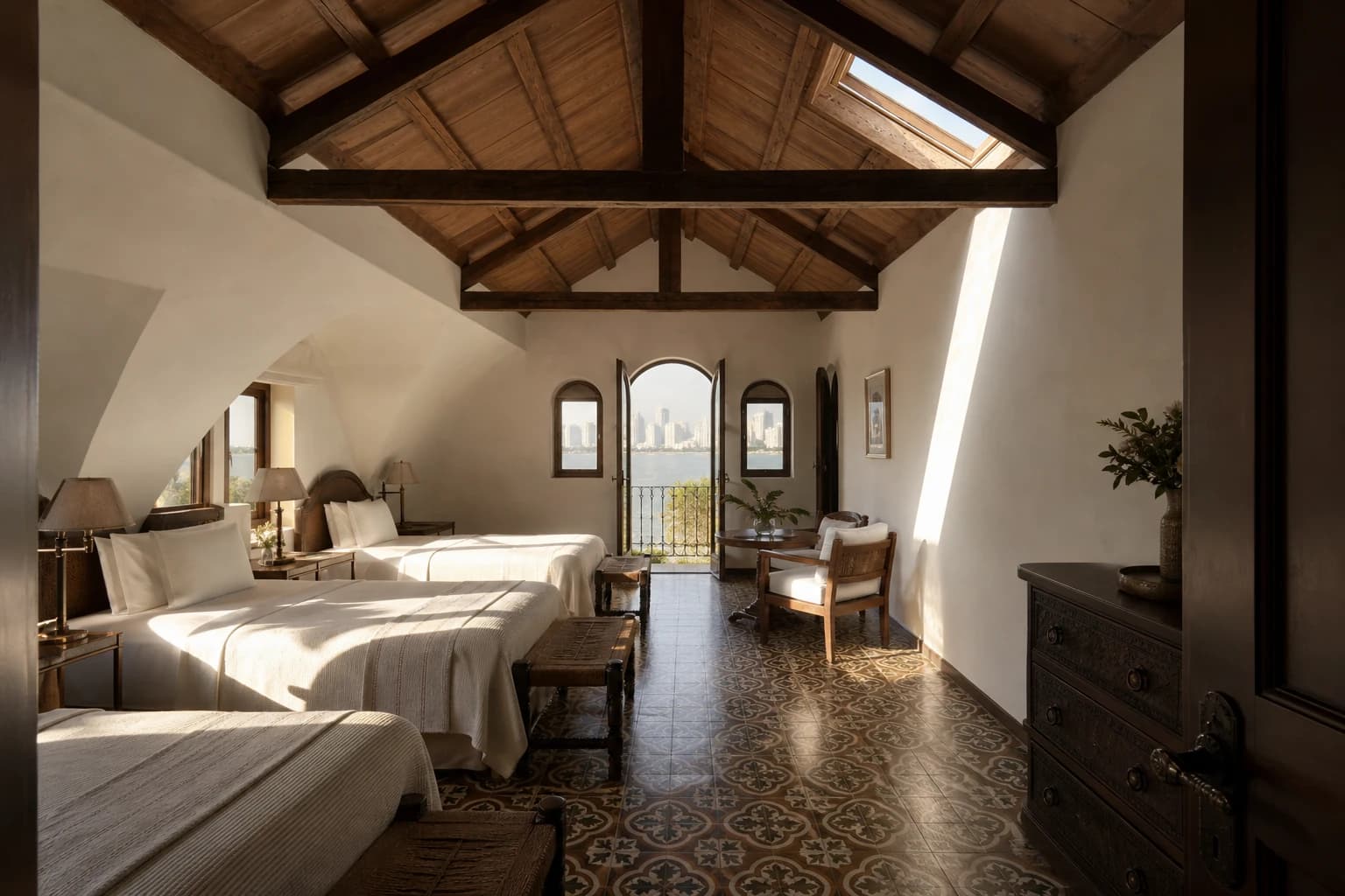 Loft suite, cathedral ceiling with exposed 1928 truss work and skylight