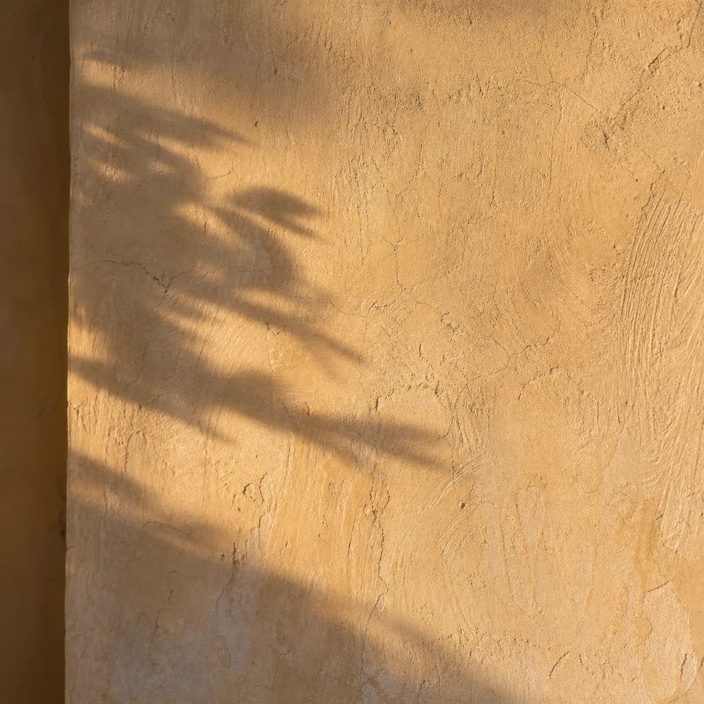 Original 1928 lime plaster wall, hand-troweled, raking late-afternoon light revealing trowel marks and subtle cracks