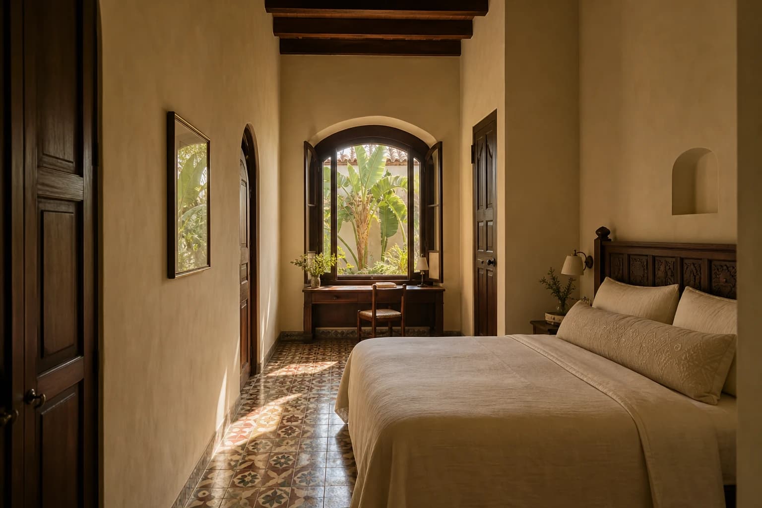 Studio suite, long narrow room with deep-set courtyard window