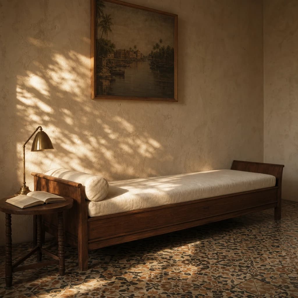 Studio suite — daybed against opposite wall, single book on side table