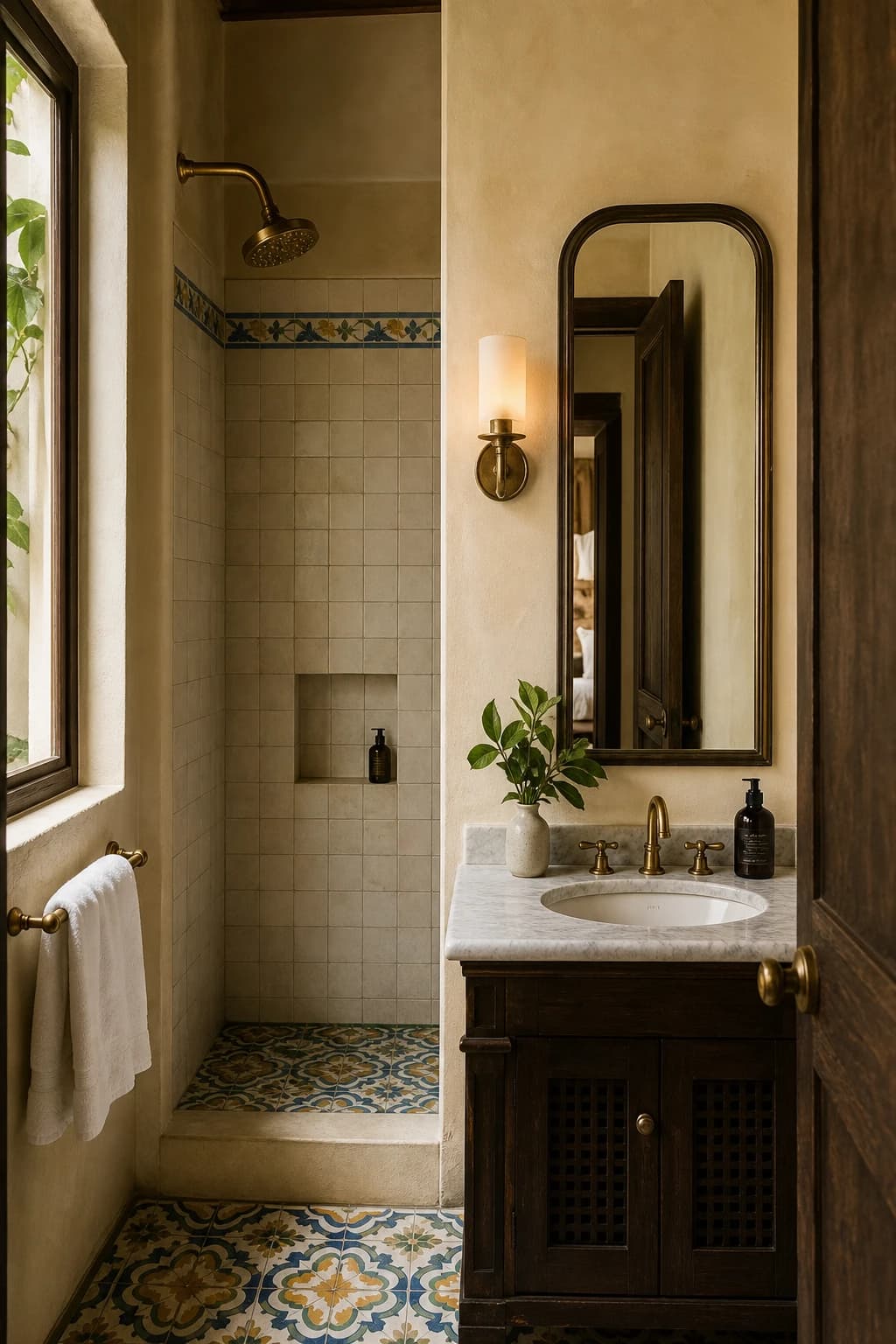 Studio suite — compact bath with hand-laid tile and Carrara basin